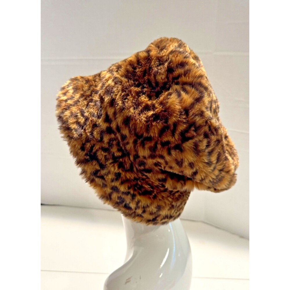 Brown & Black Leopard Faux Fur Hat Vintage Plush Fluffy Texture Bucket Hat Y2K